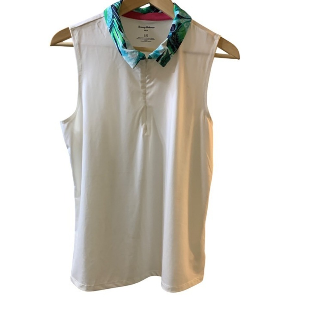 Tommy Bahama Golf Sleeveless Polo Shirt White Tropical Collar 1/4 Zip‎ Women's L